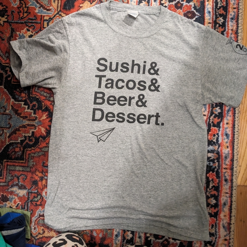 Sushi & tacos & beer & dessert tee. Gray small